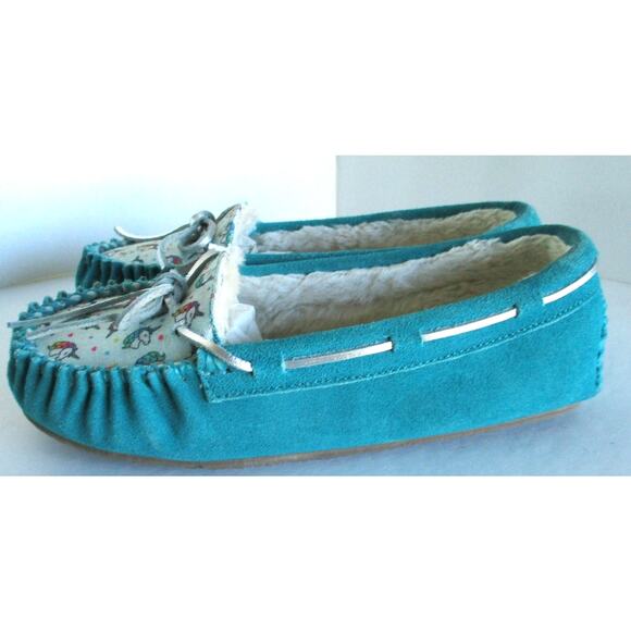 Minnetonka Girls Turquoise Unicorn Moccasin Slippers Size 3 Youth - Picture 4 of 10